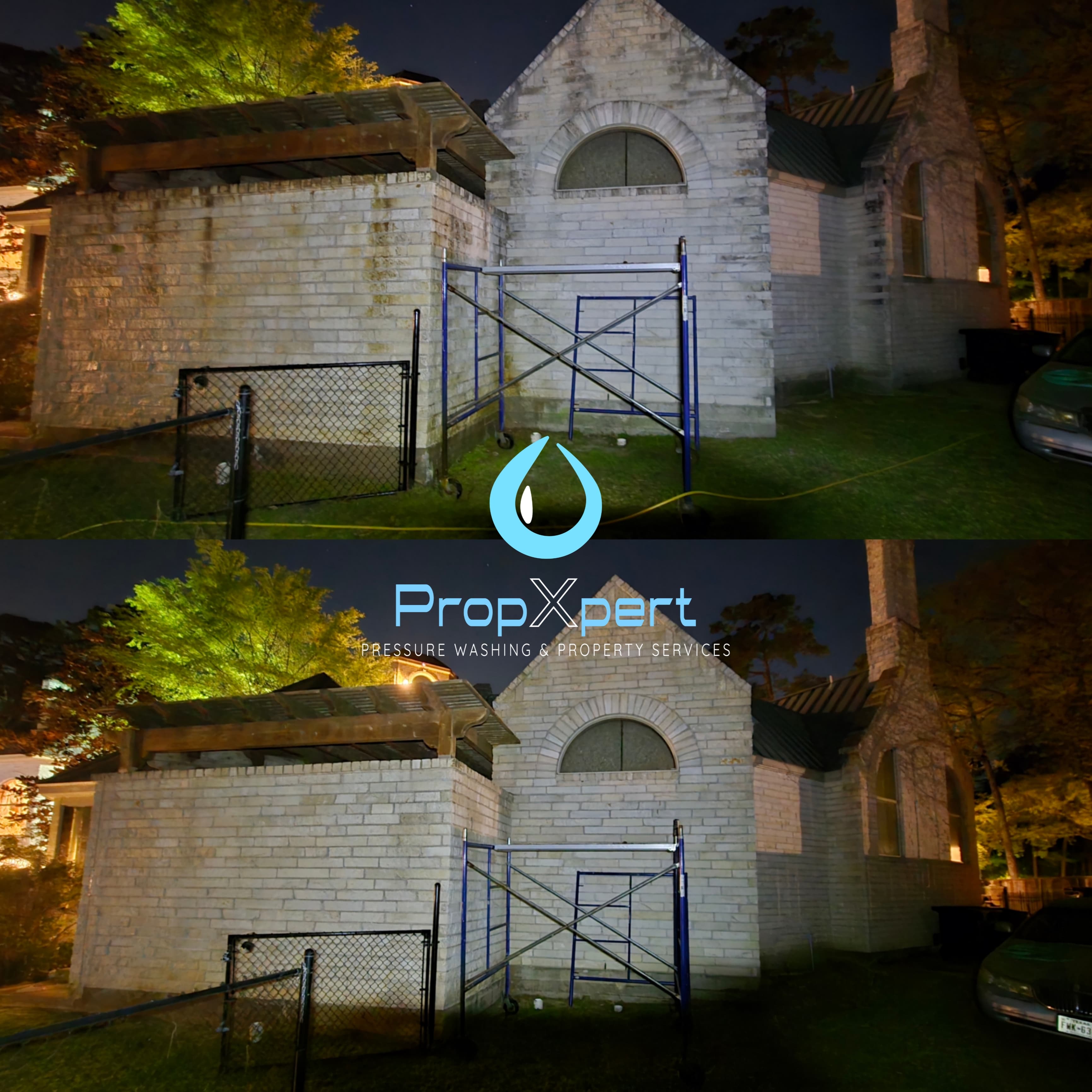 Before and after comparison of a stone building exterior cleaned by PropXpert pressure washing.