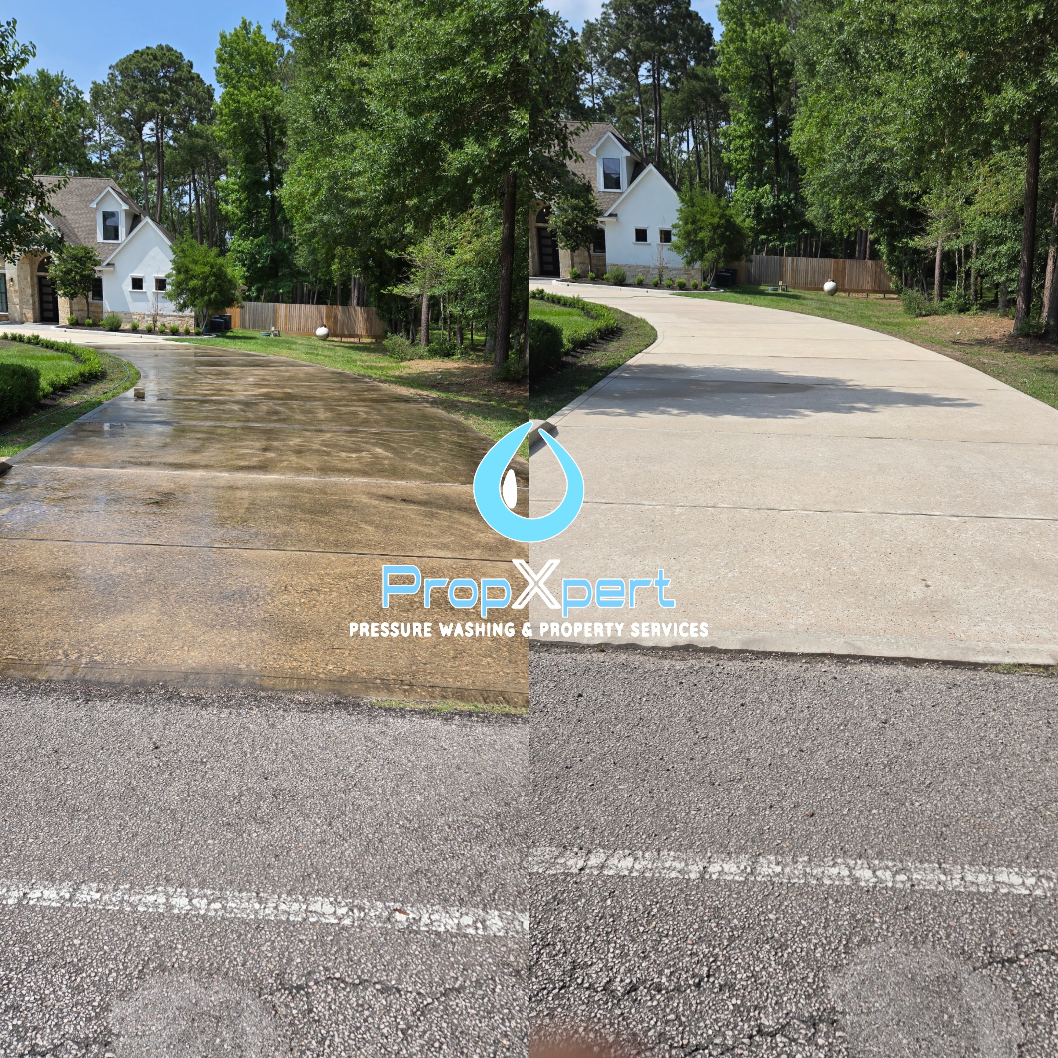 Side-by-side comparison of a dirty driveway before and after professional pressure washing.