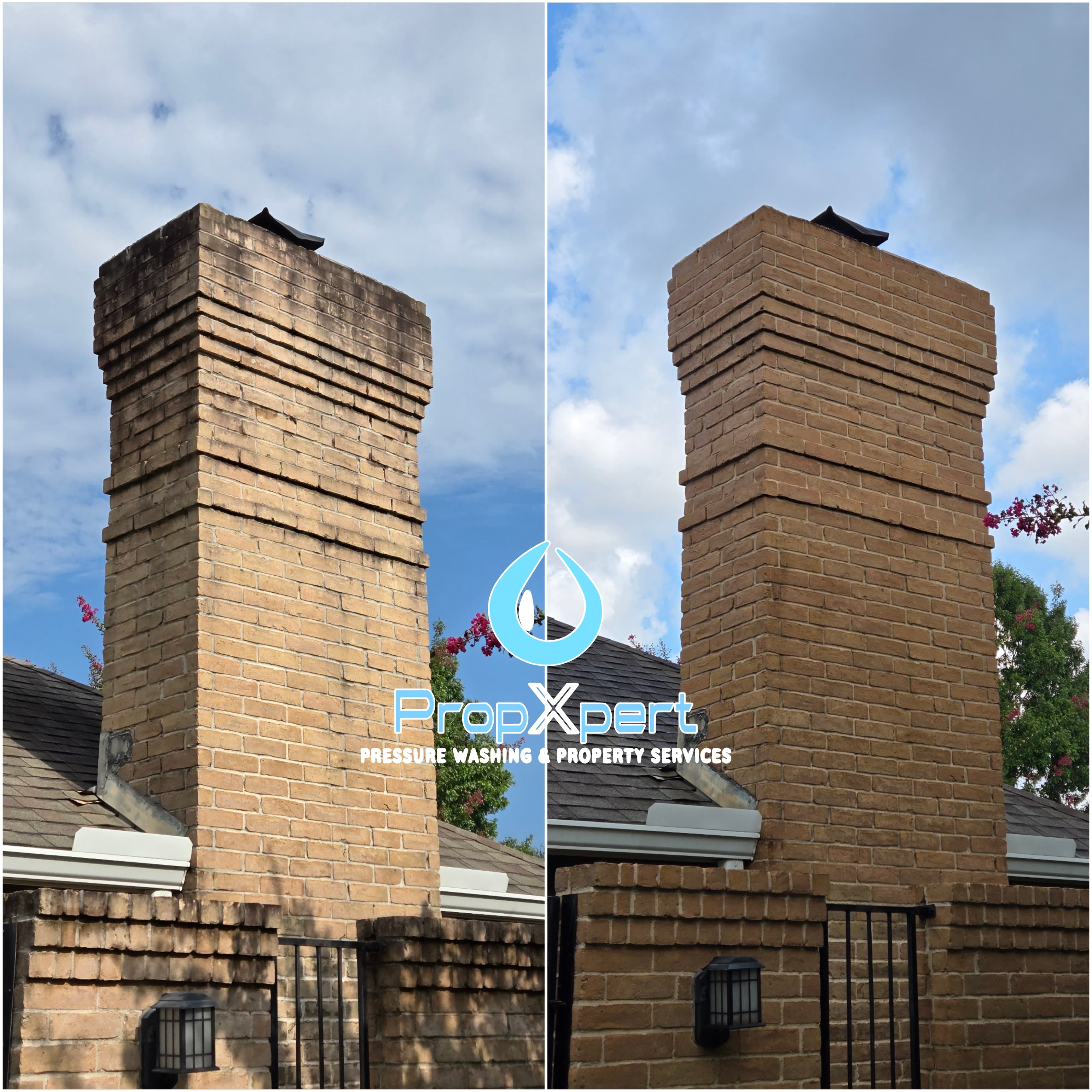 Side-by-side comparison of a dirty brick chimney before and after professional pressure washing.