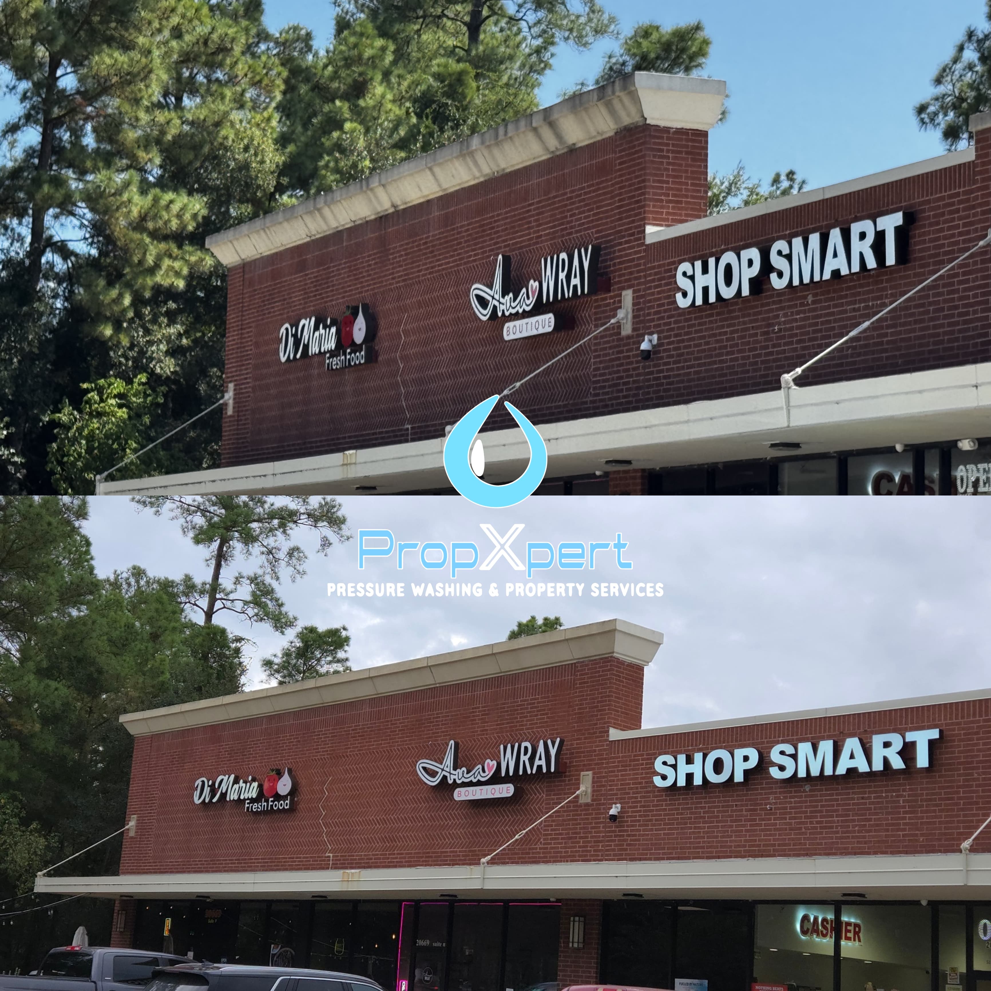 Before and after photos showing a commercial brick building cleaned by professional pressure washing.
