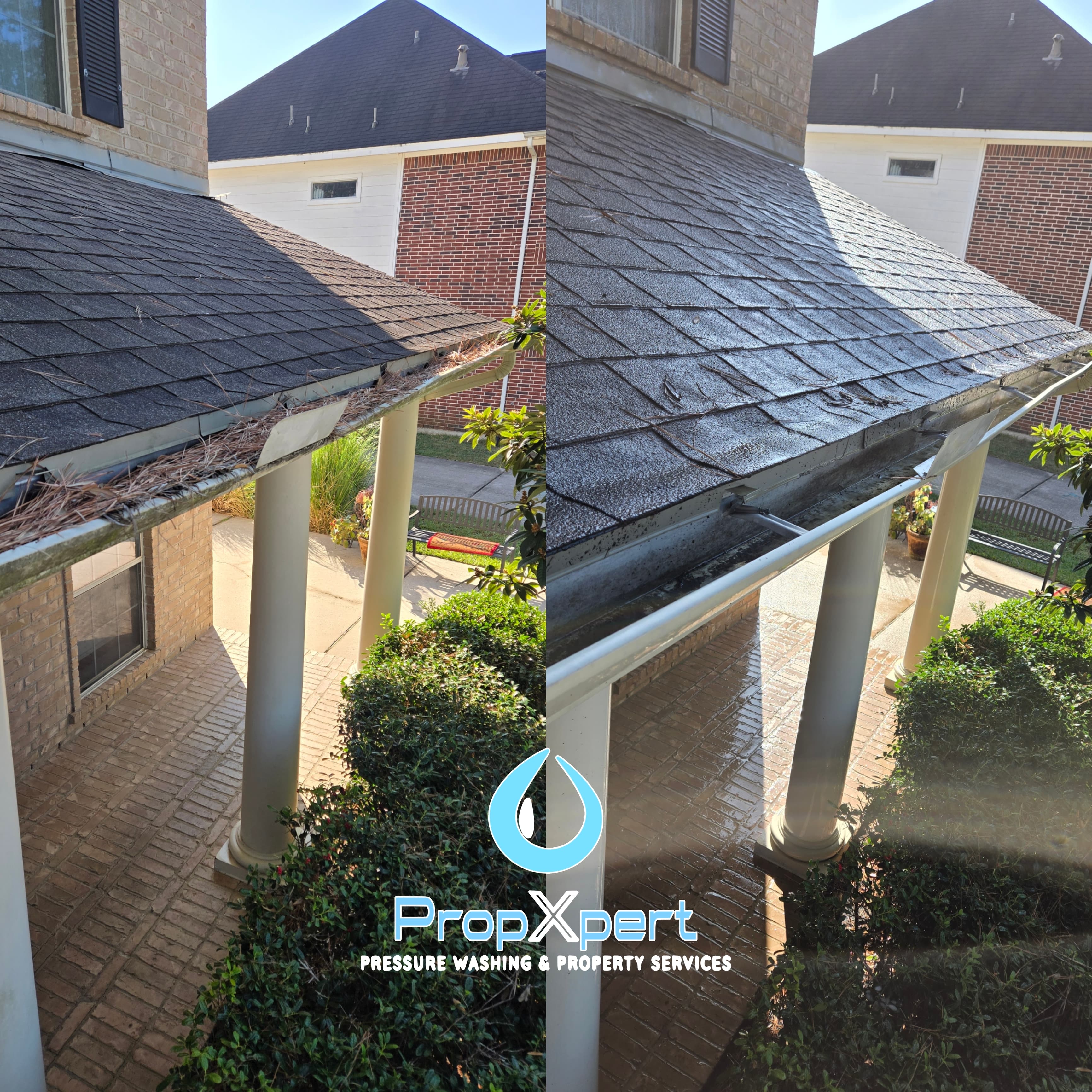 Before and after comparison of a roof gutter clogged with debris and then cleaned.