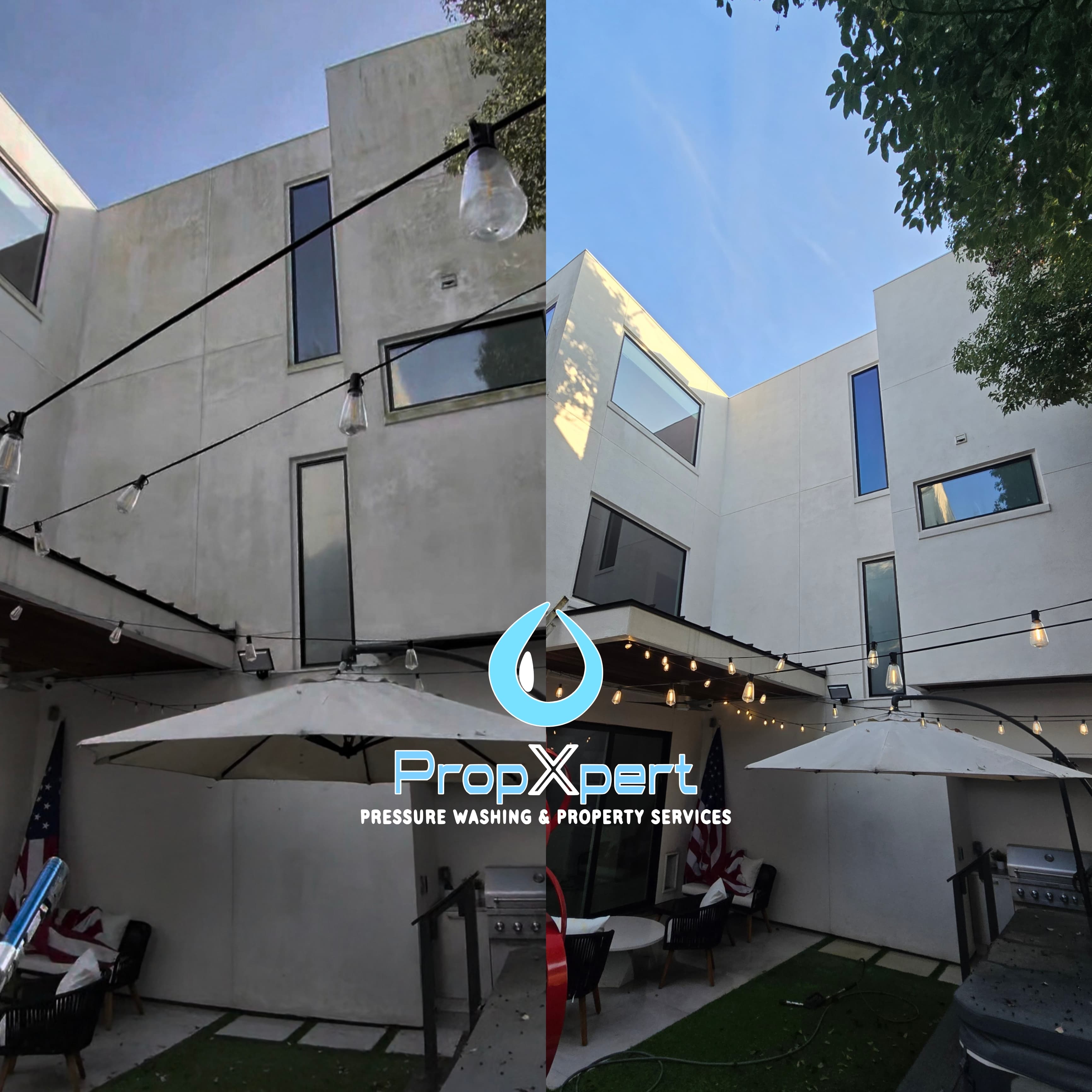 Side-by-side comparison of a modern stucco home exterior before and after professional pressure washing.