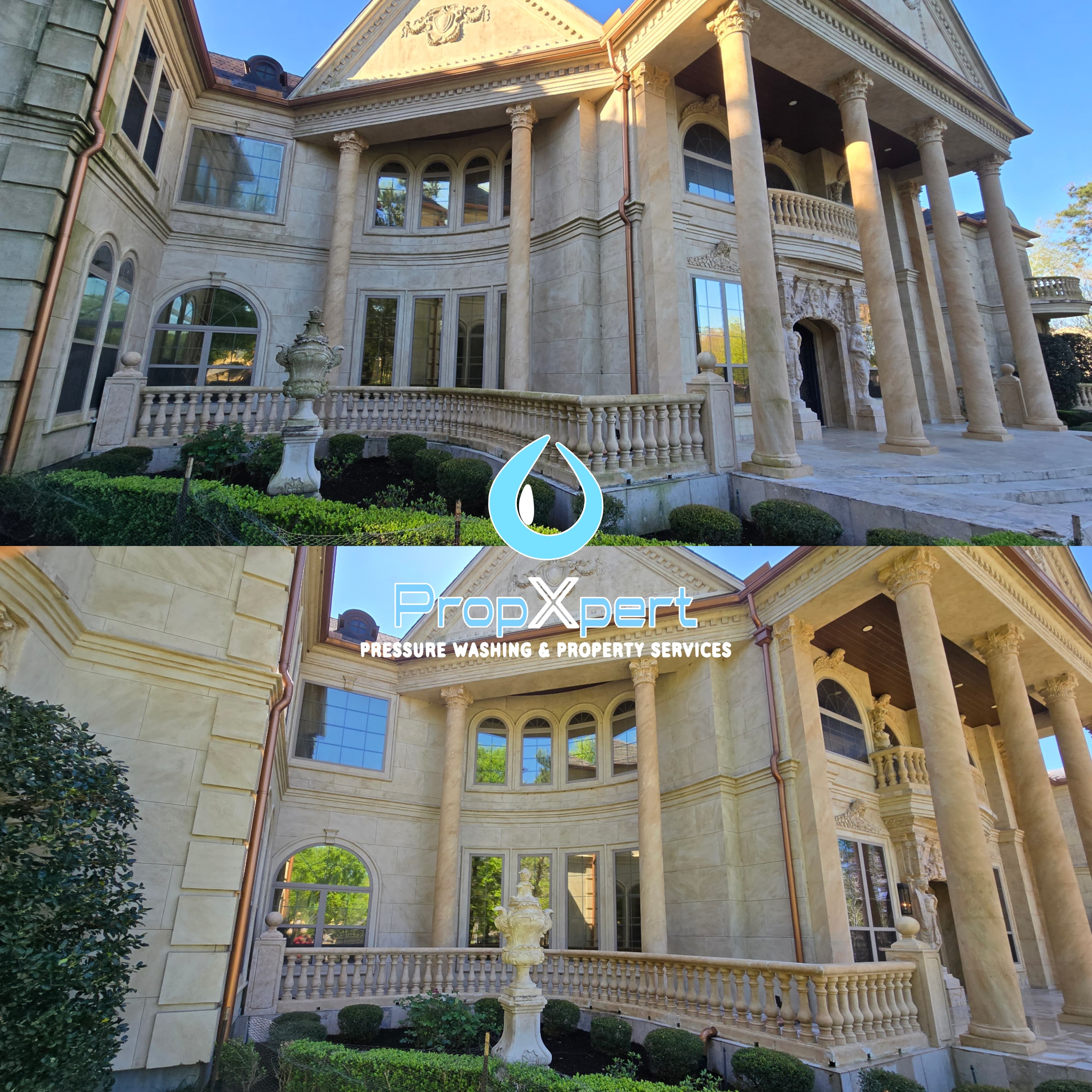 Before and after comparison of a large stone mansion's exterior cleaned by professional pressure washing.